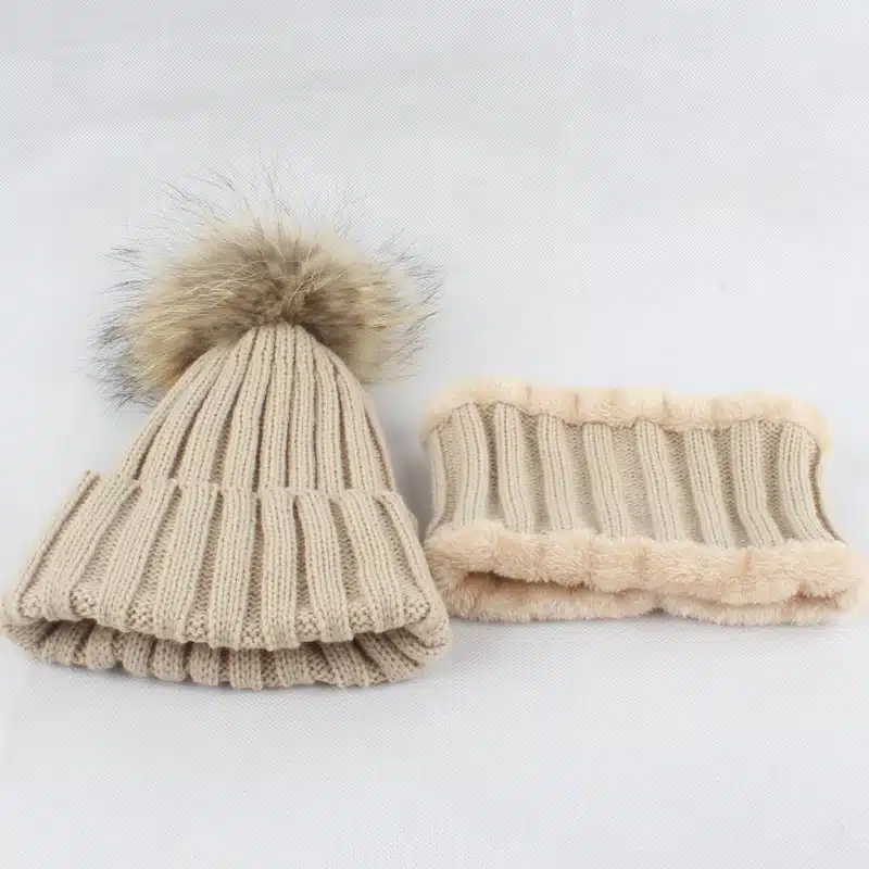 Kids Boys Girls Warm Fleece Liner Beanie Hats With Scarf Winter Fur Hat For Children Baby Pompom Skullies Beanies 29