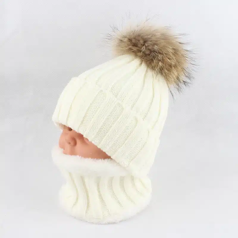 Kids Boys Girls Warm Fleece Liner Beanie Hats With Scarf Winter Fur Hat For Children Baby Pompom Skullies Beanies 30