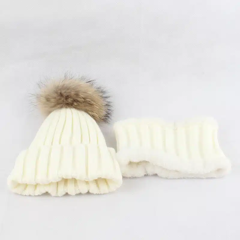 Kids Boys Girls Warm Fleece Liner Beanie Hats With Scarf Winter Fur Hat For Children Baby Pompom Skullies Beanies 31