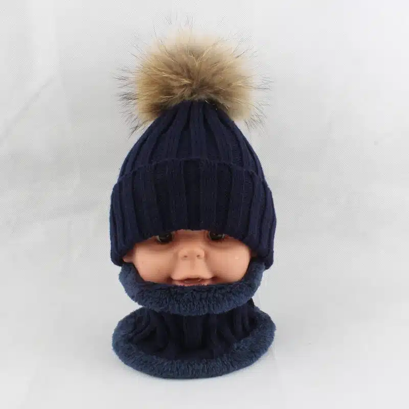 Kids Boys Girls Warm Fleece Liner Beanie Hats With Scarf Winter Fur Hat For Children Baby Pompom Skullies Beanies 34