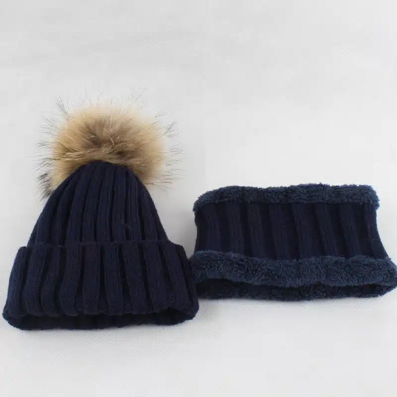 Kids Boys Girls Warm Fleece Liner Beanie Hats With Scarf Winter Fur Hat For Children Baby Pompom Skullies Beanies 35
