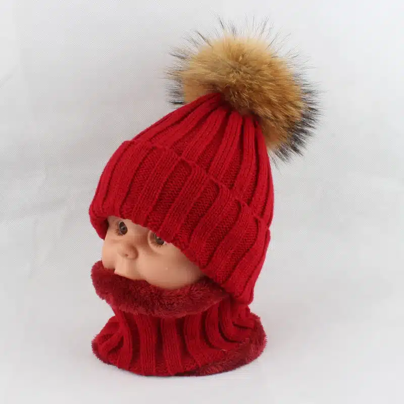 Kids Boys Girls Warm Fleece Liner Beanie Hats With Scarf Winter Fur Hat For Children Baby Pompom Skullies Beanies 38