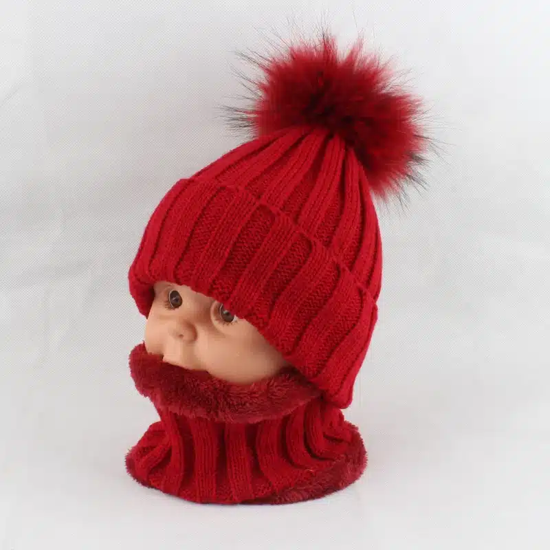 Kids Boys Girls Warm Fleece Liner Beanie Hats With Scarf Winter Fur Hat For Children Baby Pompom Skullies Beanies 40