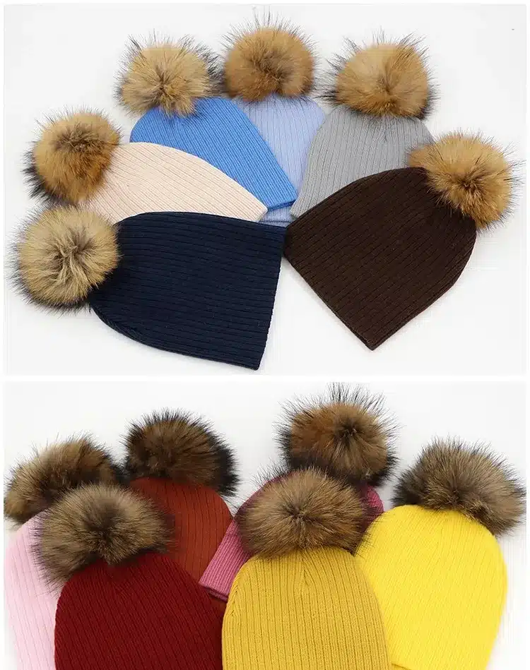 2016 Winter Girls Boys Fur Pom Pom Beanies Hats Cotton Beanies Cap For Baby Lovely Winter Knitted Hats With Fur PomPom Hats Kids 2