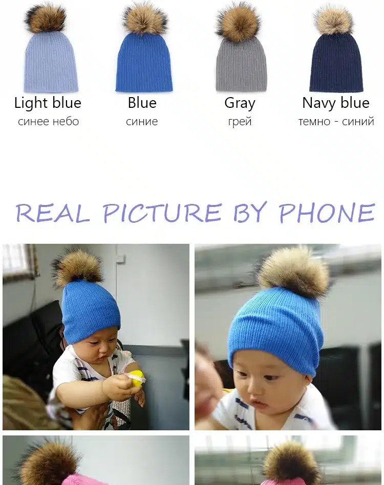 2016 Winter Girls Boys Fur Pom Pom Beanies Hats Cotton Beanies Cap For Baby Lovely Winter Knitted Hats With Fur PomPom Hats Kids 4