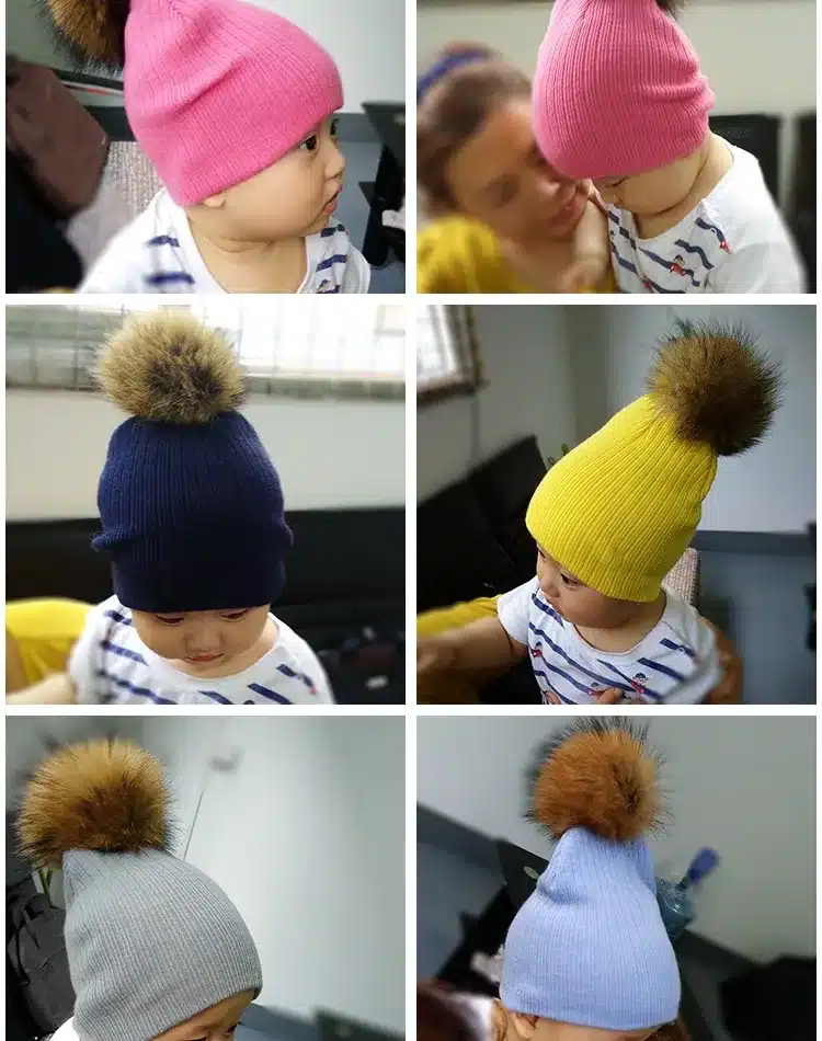 2016 Winter Girls Boys Fur Pom Pom Beanies Hats Cotton Beanies Cap For Baby Lovely Winter Knitted Hats With Fur PomPom Hats Kids 5