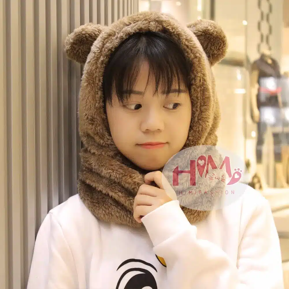 2017 New Fashion Cotton Warm Animal Hoodies Hat Scarf White Fluffy Warm One Piece Set Cute Bear Winter Caps For Women Girls 2