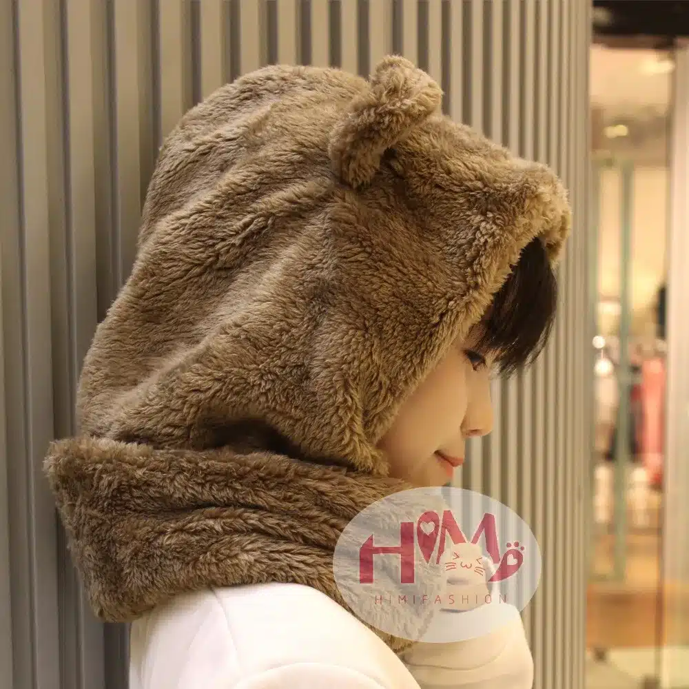 2017 New Fashion Cotton Warm Animal Hoodies Hat Scarf White Fluffy Warm One Piece Set Cute Bear Winter Caps For Women Girls 3