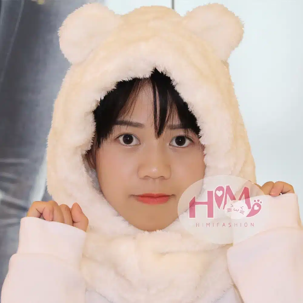 2017 New Fashion Cotton Warm Animal Hoodies Hat Scarf White Fluffy Warm One Piece Set Cute Bear Winter Caps For Women Girls 4