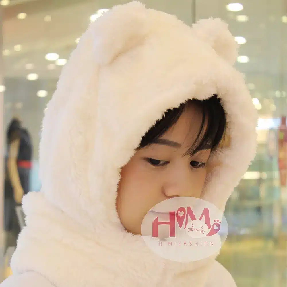 2017 New Fashion Cotton Warm Animal Hoodies Hat Scarf White Fluffy Warm One Piece Set Cute Bear Winter Caps For Women Girls 5