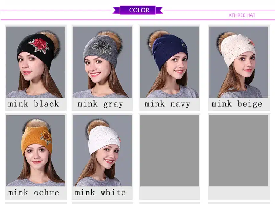 Xthree winter hat for women wool knitted hat Female beanie cap embroidery real mink fur pom pom girl Skullie hat 2