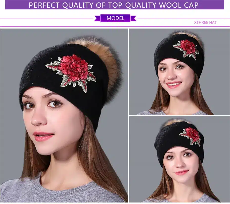 Xthree winter hat for women wool knitted hat Female beanie cap embroidery real mink fur pom pom girl Skullie hat 4