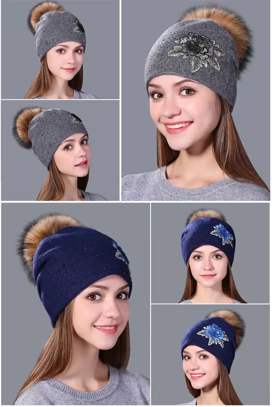 Xthree winter hat for women wool knitted hat Female beanie cap embroidery real mink fur pom pom girl Skullie hat 5