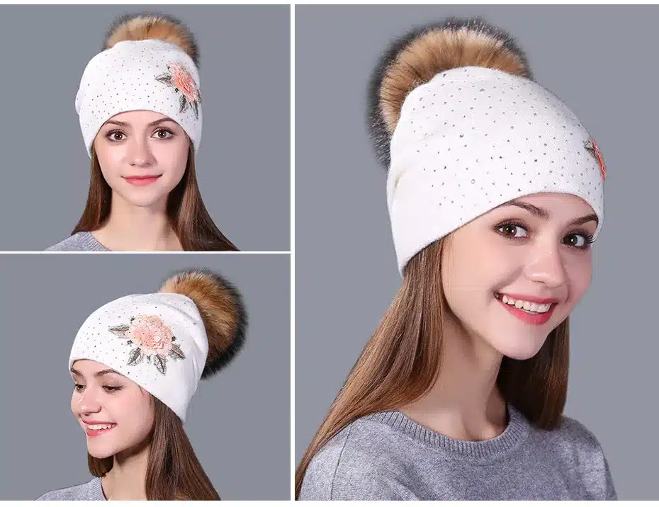 Xthree winter hat for women wool knitted hat Female beanie cap embroidery real mink fur pom pom girl Skullie hat 7