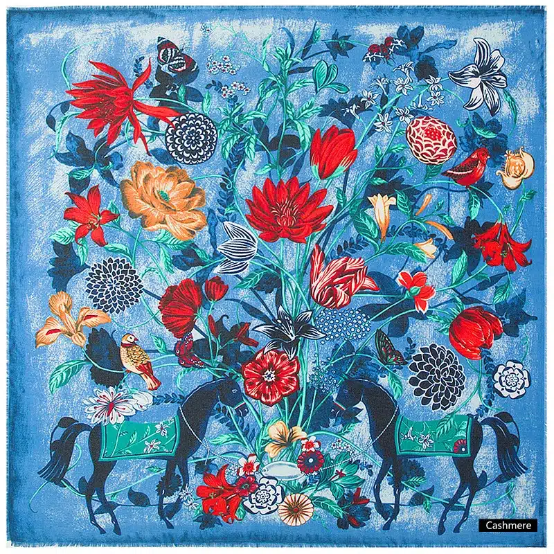 [POBING] Luxury Brand Winter Scarf Cashmere Wool Square Scarf Spain Horse Rose Flower Print NecKerchief Women Shawls Wrap Hijab 13