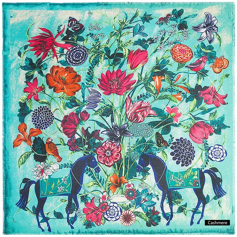 [POBING] Luxury Brand Winter Scarf Cashmere Wool Square Scarf Spain Horse Rose Flower Print NecKerchief Women Shawls Wrap Hijab 14