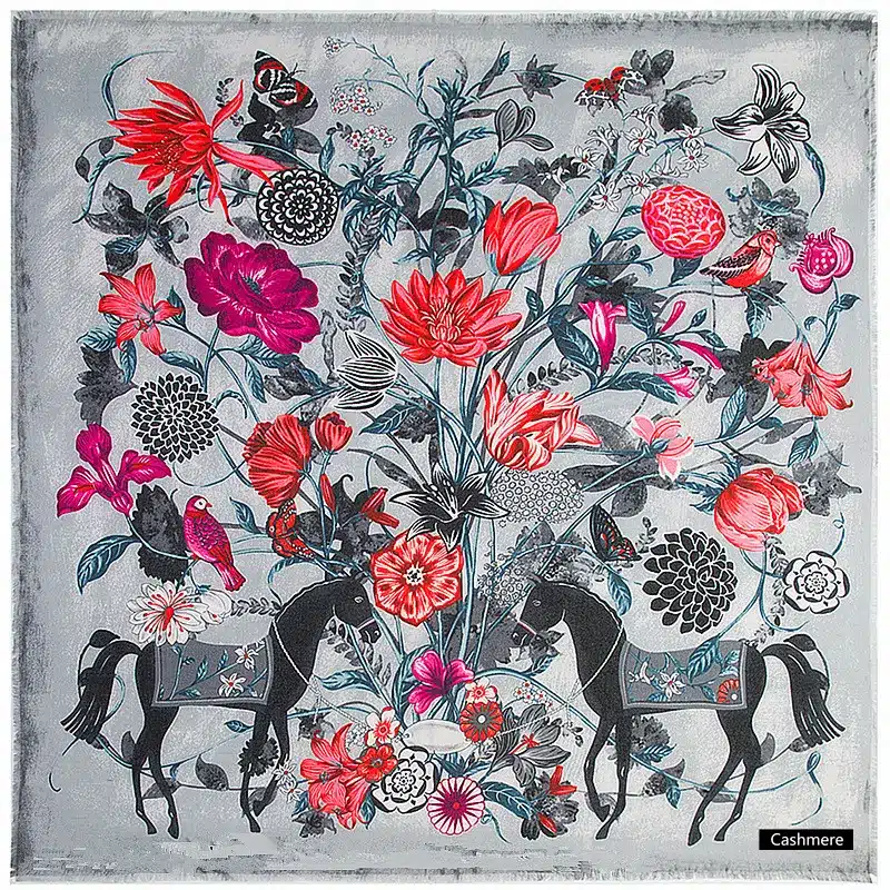 [POBING] Luxury Brand Winter Scarf Cashmere Wool Square Scarf Spain Horse Rose Flower Print NecKerchief Women Shawls Wrap Hijab 15