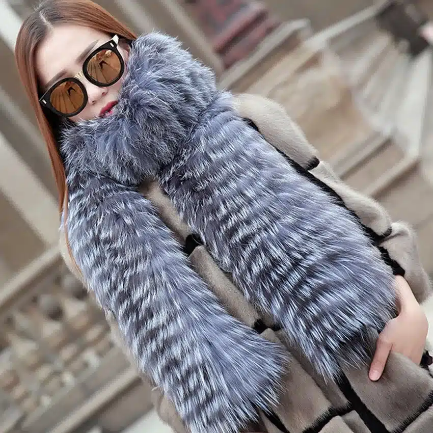 YCFUR Brand Design Fashion Women Scarves Winter Stripes Silver Fox Fur Scarf Female Winter Wraps Scarves Collars Ladies 8