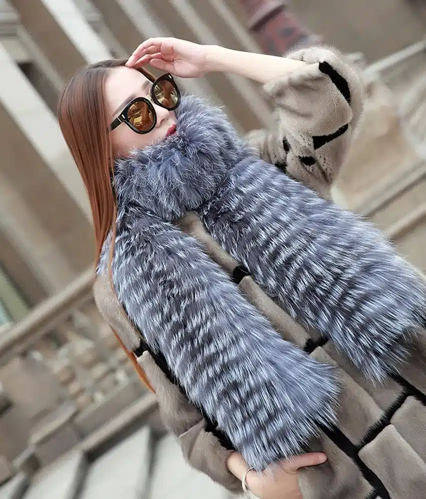 YCFUR Brand Design Fashion Women Scarves Winter Stripes Silver Fox Fur Scarf Female Winter Wraps Scarves Collars Ladies 9