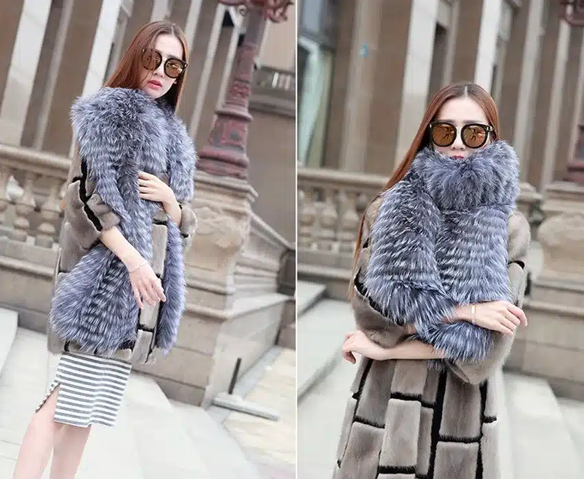 YCFUR Brand Design Fashion Women Scarves Winter Stripes Silver Fox Fur Scarf Female Winter Wraps Scarves Collars Ladies 11