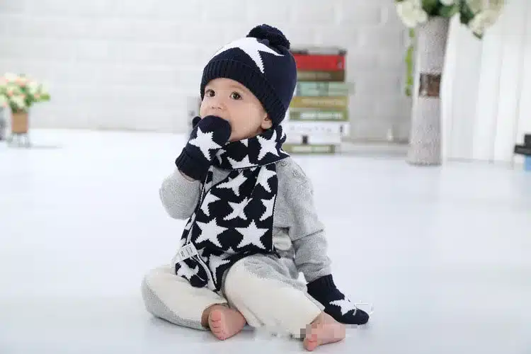 Winter Warm Kids Scarf Hat Gloves Sets Baby Boys Knitted Caps Pom Poms Ball Star Children's Thicken Caps Beanies Mittens set 13