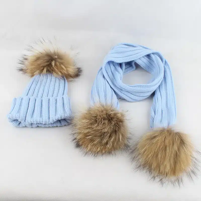 FURANDOWN kids Winter Scarf Hat Sets Children Warm Thick Stretchy Knit Beanie Pom Pom Hat Fur Caps 21