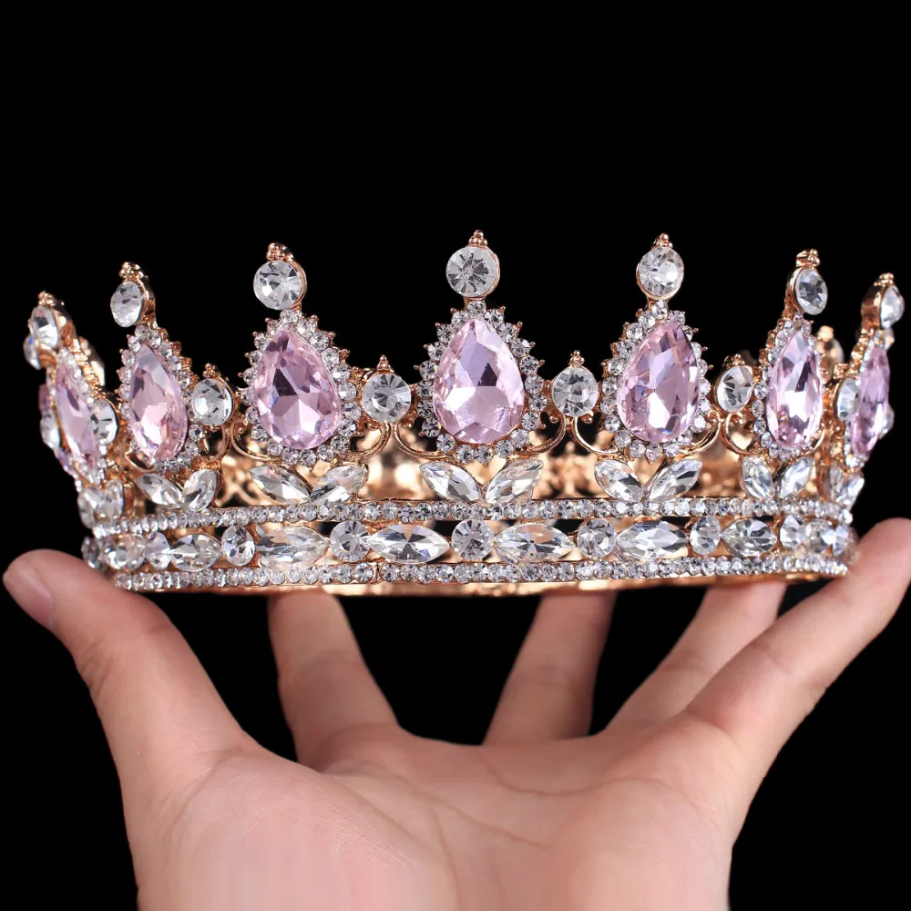Hot sale New Fashion Elegant Pink Crystal Bridal crown classic Gold Tiaras for Women Wedding hair jewelry accessories 12