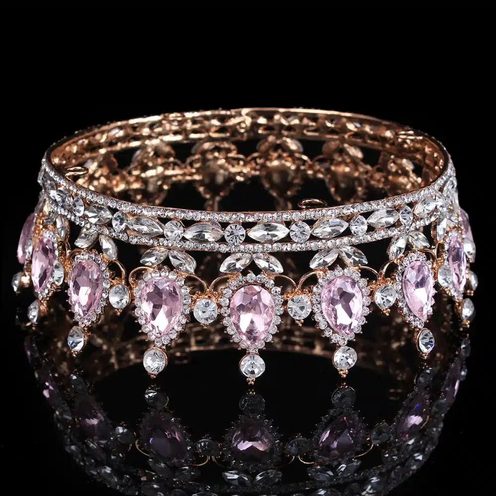 Hot sale New Fashion Elegant Pink Crystal Bridal crown classic Gold Tiaras for Women Wedding hair jewelry accessories 13