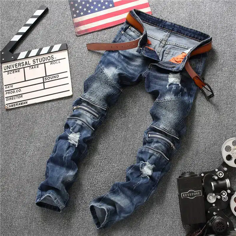 Biepa New Fashion Men's Ripped Biker Jeans Pleated Distressed Motorcycle Denim Trousers For Male Knee Zipper Slim Fit Straight 11