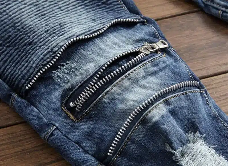 Biepa New Fashion Men's Ripped Biker Jeans Pleated Distressed Motorcycle Denim Trousers For Male Knee Zipper Slim Fit Straight 17