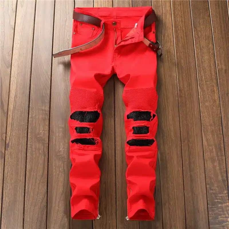 Biepa Mens Hi Street Ripped Biker Jeans Pants With Ankle Zipper Straight Stretch Red Motorcycle Denim Trousers Leather Patchwork 9