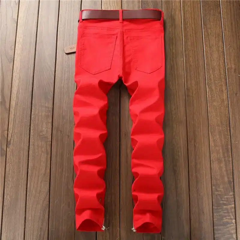 Biepa Mens Hi Street Ripped Biker Jeans Pants With Ankle Zipper Straight Stretch Red Motorcycle Denim Trousers Leather Patchwork 10