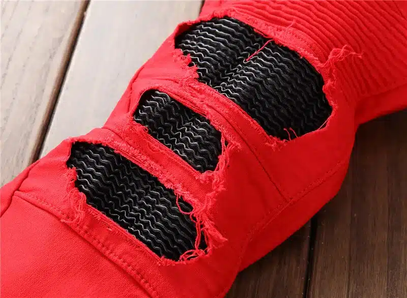 Biepa Mens Hi Street Ripped Biker Jeans Pants With Ankle Zipper Straight Stretch Red Motorcycle Denim Trousers Leather Patchwork 13
