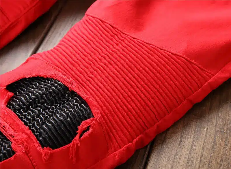 Biepa Mens Hi Street Ripped Biker Jeans Pants With Ankle Zipper Straight Stretch Red Motorcycle Denim Trousers Leather Patchwork 14