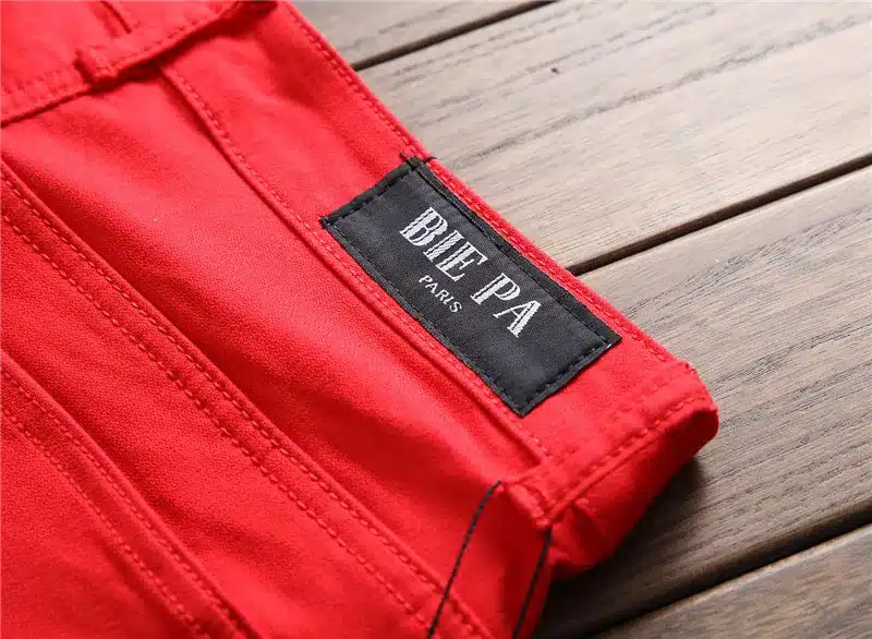 Biepa Mens Hi Street Ripped Biker Jeans Pants With Ankle Zipper Straight Stretch Red Motorcycle Denim Trousers Leather Patchwork 17