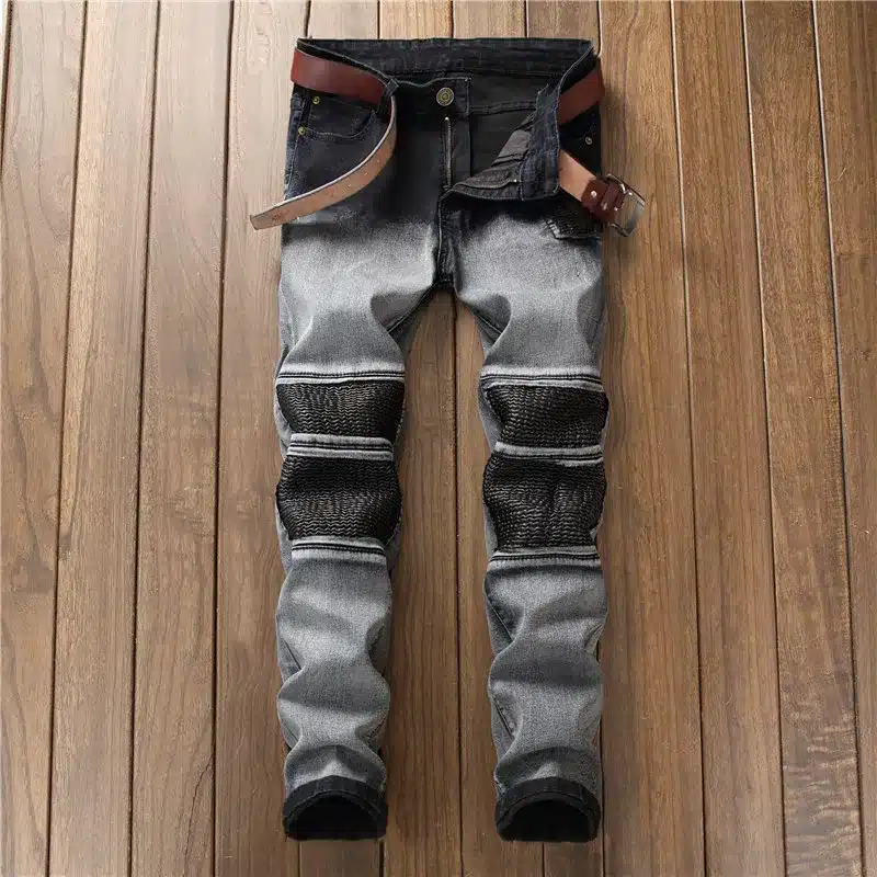 Biepa New Mens Biker Jeans Pants Knee Leather Patchwork Man Straight Motorcycle Denim Trousers Washed Fashion Design Size 29-38 7