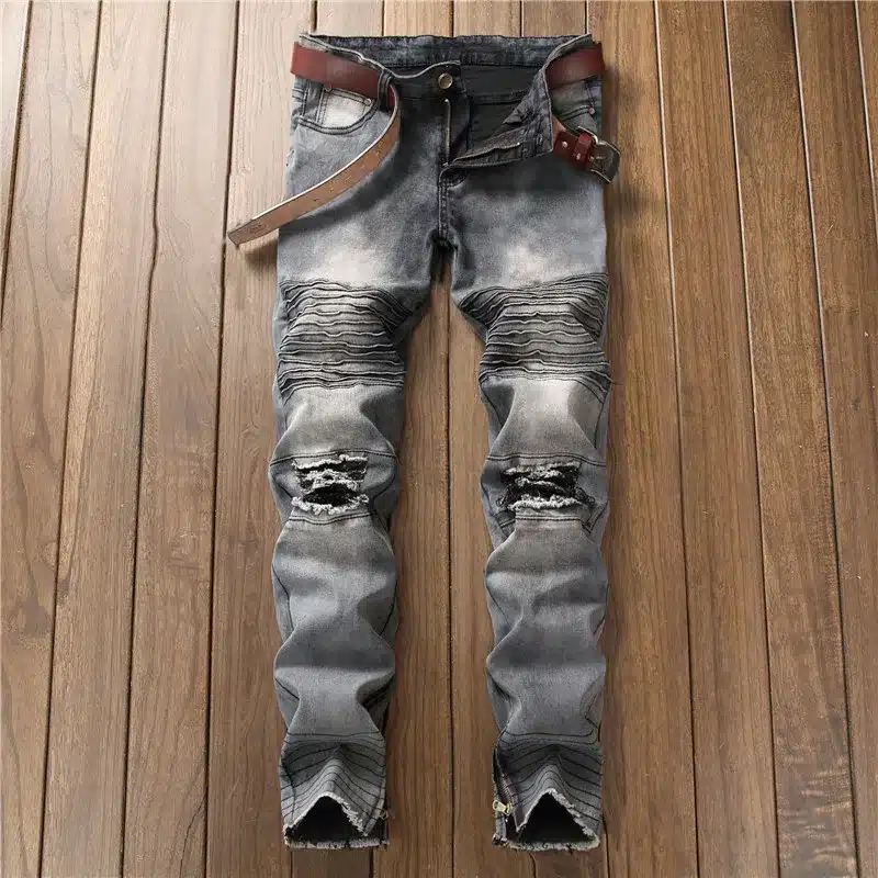Biepa New Fashion Men's Ripped Motorcycle Denim Pants With Ankle Zipper Designer Distressed Biker Jeans Trousers Knee Holes 7