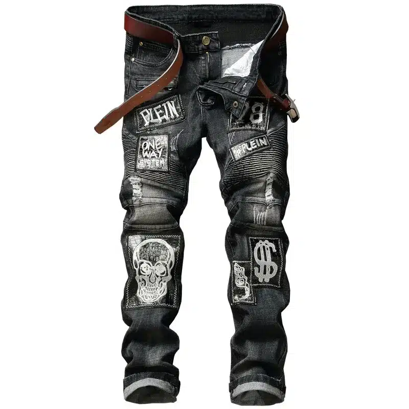 Hi-Street Mens Distressed Biker Jeans Skull Patchwork Fashion Pleated Ripped Denim Joggers Black Slim Fit Trousers With Patches 8
