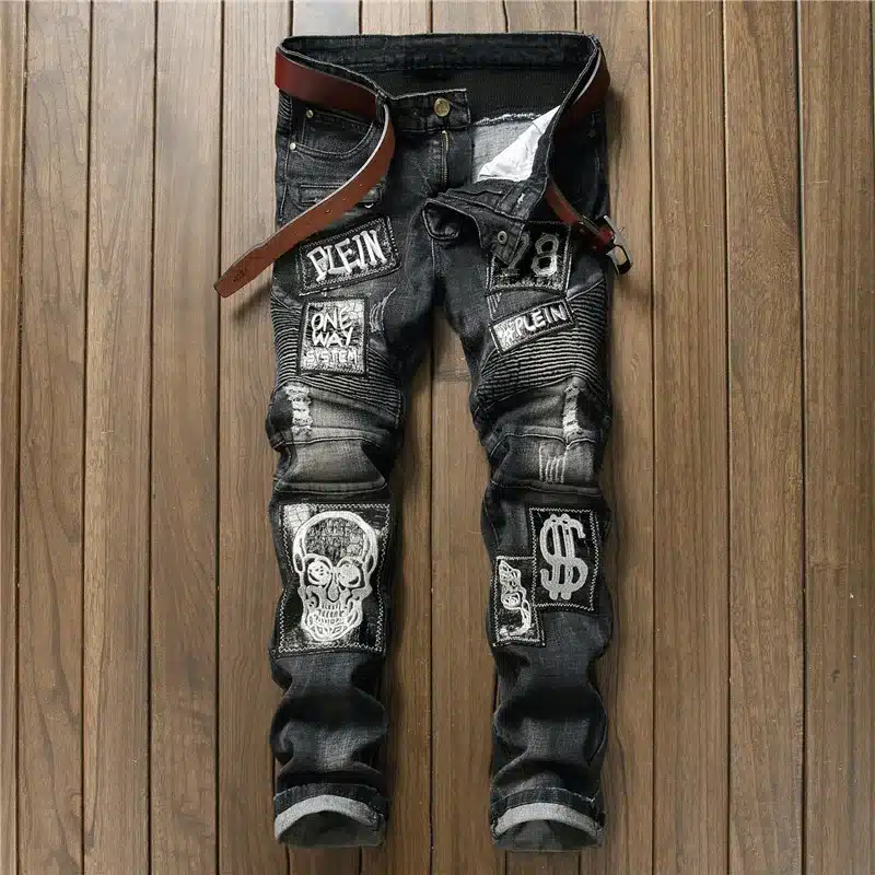 Hi-Street Mens Distressed Biker Jeans Skull Patchwork Fashion Pleated Ripped Denim Joggers Black Slim Fit Trousers With Patches 9