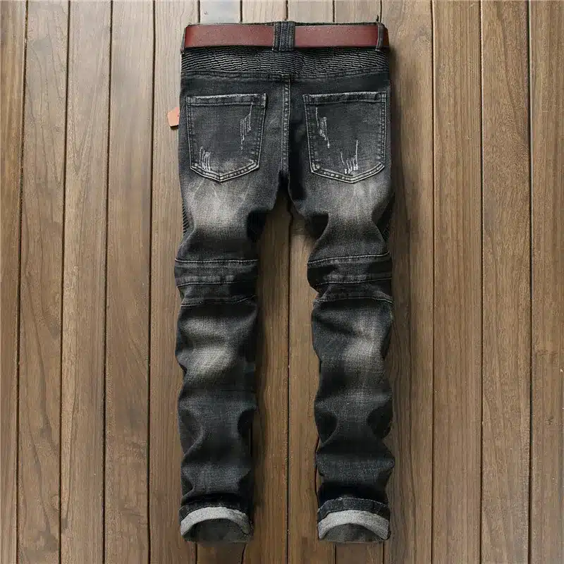 Hi-Street Mens Distressed Biker Jeans Skull Patchwork Fashion Pleated Ripped Denim Joggers Black Slim Fit Trousers With Patches 10