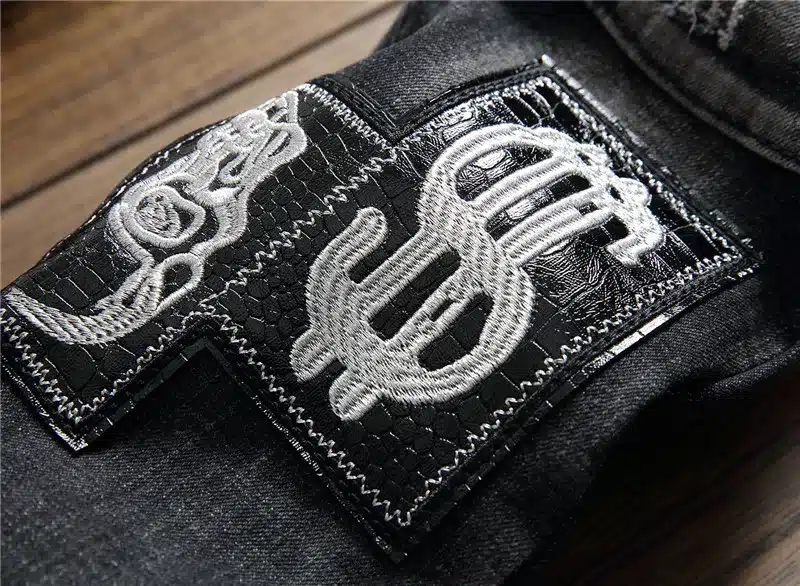 Hi-Street Mens Distressed Biker Jeans Skull Patchwork Fashion Pleated Ripped Denim Joggers Black Slim Fit Trousers With Patches 12