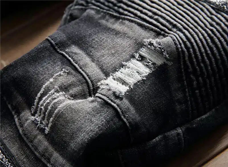 Hi-Street Mens Distressed Biker Jeans Skull Patchwork Fashion Pleated Ripped Denim Joggers Black Slim Fit Trousers With Patches 14