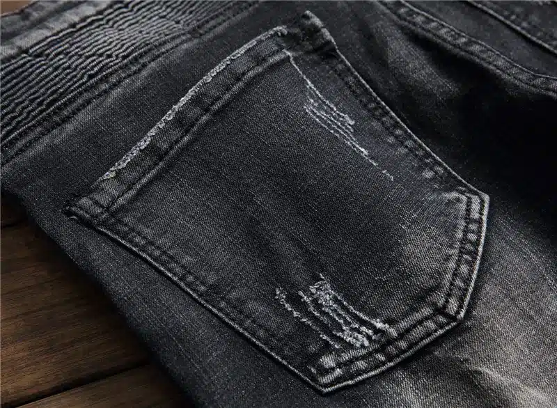 Hi-Street Mens Distressed Biker Jeans Skull Patchwork Fashion Pleated Ripped Denim Joggers Black Slim Fit Trousers With Patches 16