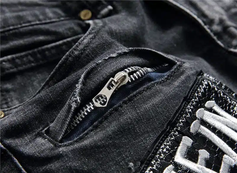 Hi-Street Mens Distressed Biker Jeans Skull Patchwork Fashion Pleated Ripped Denim Joggers Black Slim Fit Trousers With Patches 17