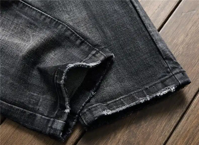 Hi-Street Mens Distressed Biker Jeans Skull Patchwork Fashion Pleated Ripped Denim Joggers Black Slim Fit Trousers With Patches 18