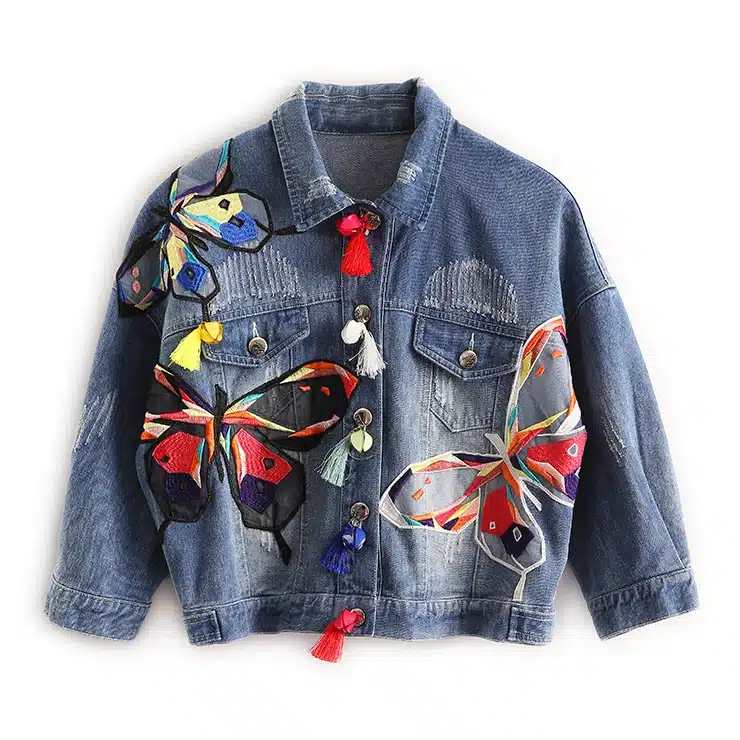 Colorful Butterfly Embroidery Ladies Jean Jackets Patch Designs Womens Denim Coats with Tassel Short Chaquetas Mujer Slim Jacket 10