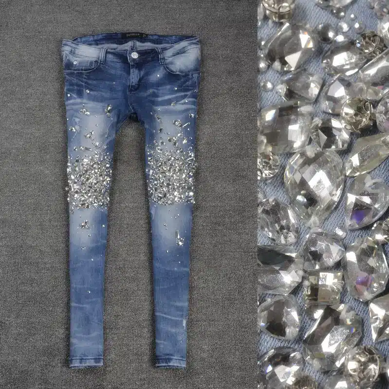 European station high waisted denim jeans womens holes diamond drilling hot stretch tight pencil jeans 11