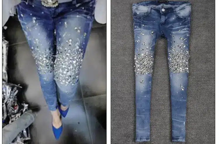 European station high waisted denim jeans womens holes diamond drilling hot stretch tight pencil jeans 12