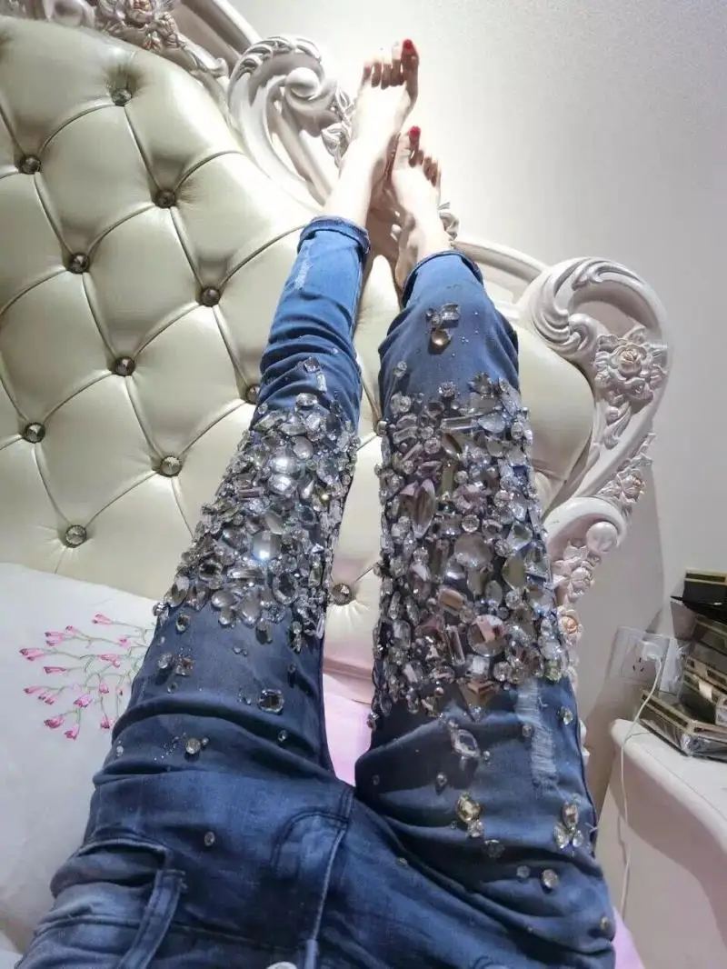 European station high waisted denim jeans womens holes diamond drilling hot stretch tight pencil jeans 15