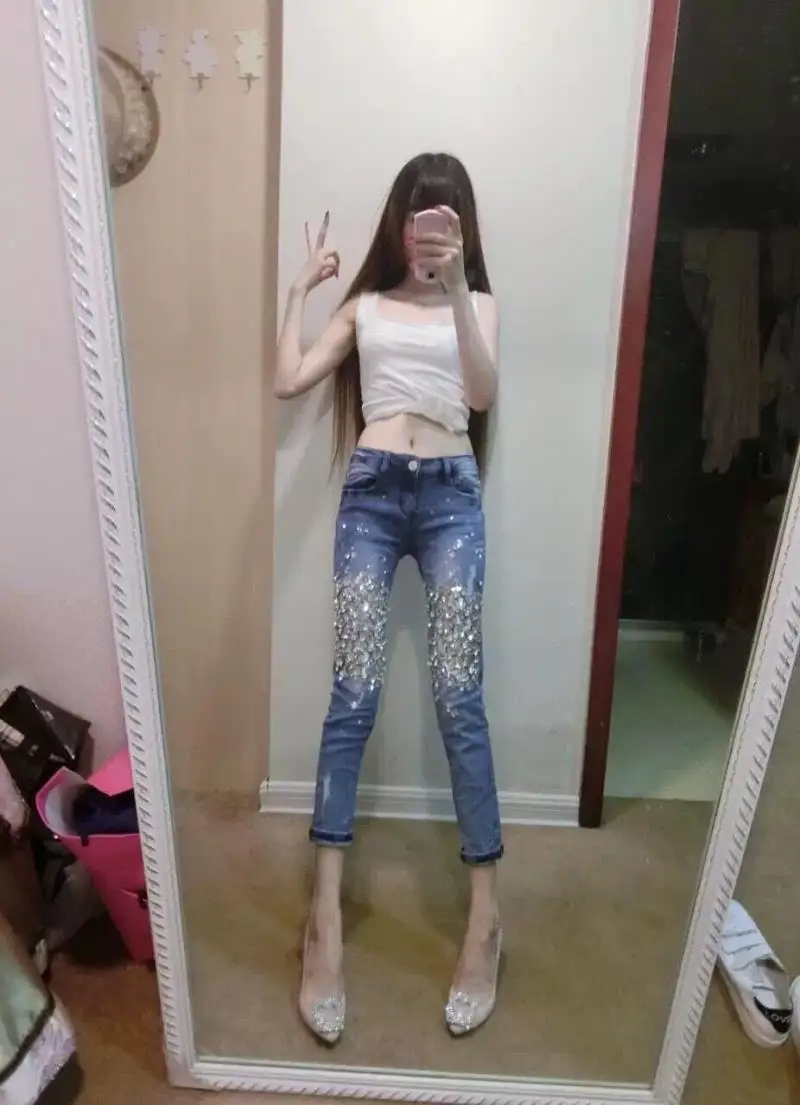 European station high waisted denim jeans womens holes diamond drilling hot stretch tight pencil jeans 16